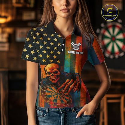Custom Grunge Colorful US Flag Grim Reaper Dart Women Polo Jerseys Patriotic Dart Gifts NYN1722