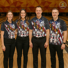Load image into Gallery viewer, Men women bowling team wearing Maryland patriotic bowling jerseys, custom league uniforms