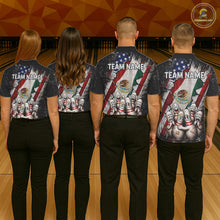 Load image into Gallery viewer, Men women bowling team wearing Mexican patriotic bowling uniforms, personalized bowling jerseys