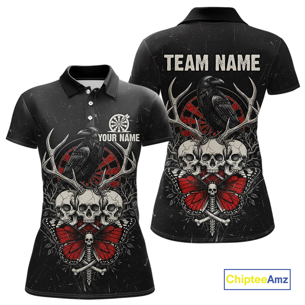 Red Skulls Butterfly Grunge Dartboard Custom Darts Polo Shirt For Women Retro Dart Gifts NYN2002
