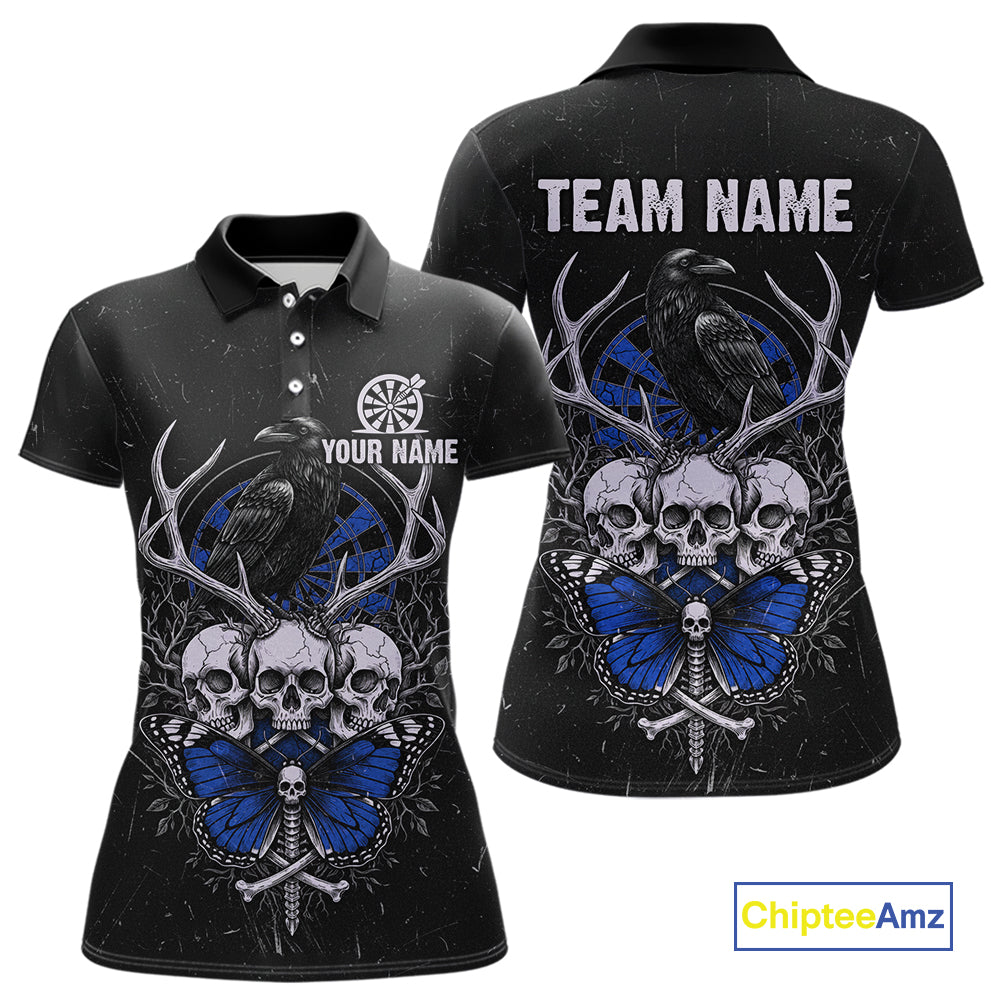 Blue Skulls Butterfly Grunge Dartboard Custom Darts Polo Shirt For Women Retro Dart Gifts NYN2004