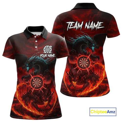 Double Dragon Red & Blue Flaming Dartboard Custom Polo Darts Shirt For Women Dart Gifts NYN2009