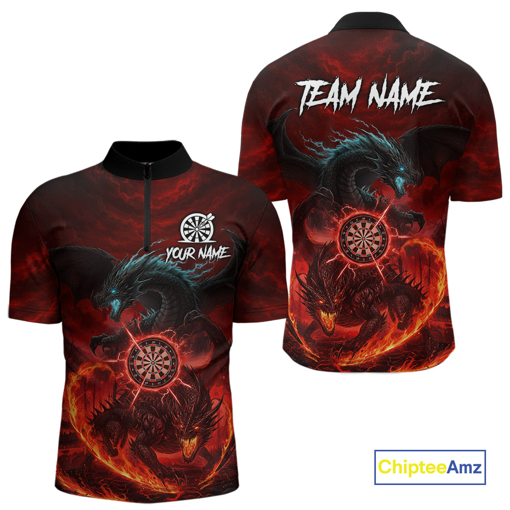 Double Dragon Red & Blue Flaming Dartboard Custom Quarter-Zip Darts Shirt For Men Dart Gifts NYN2009