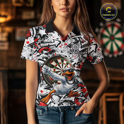 Personalized White & Red Graffiti Darts Women Polo & 1/4-Zip Dart Shirt Funny Duck Dart Team Jerseys NYN2901