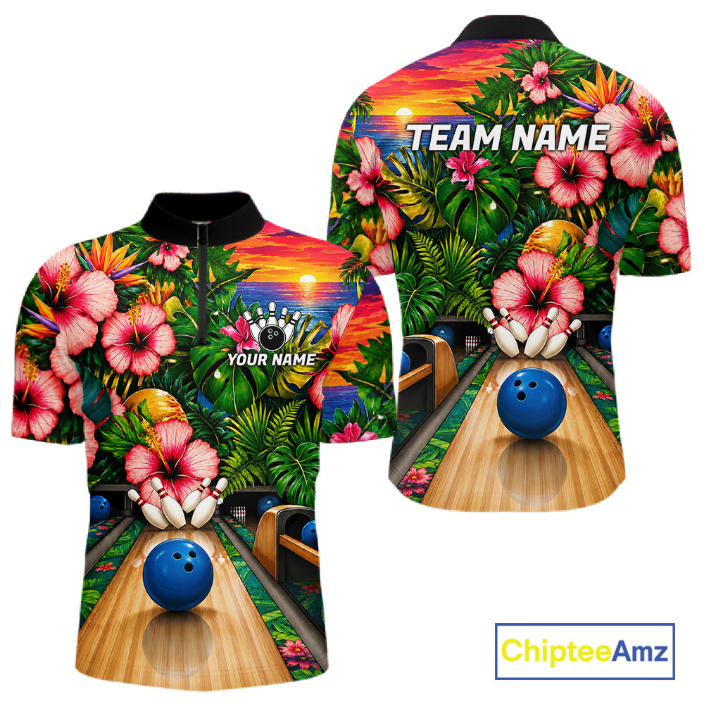 Monstera Men Bowling 1/4-Zip Shirt Custom Summer Tropical Youth Bowling Shirts