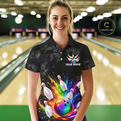 Rainbow Splatter Bowling Ball & Pins Shirt For Women Custom Colorful Paint Bowling Team Outfits NYN3283