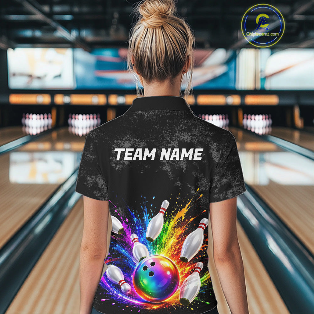 Rainbow Splatter Bowling Ball & Pins Shirt For Women Custom Colorful Paint Bowling Team Outfits NYN3283