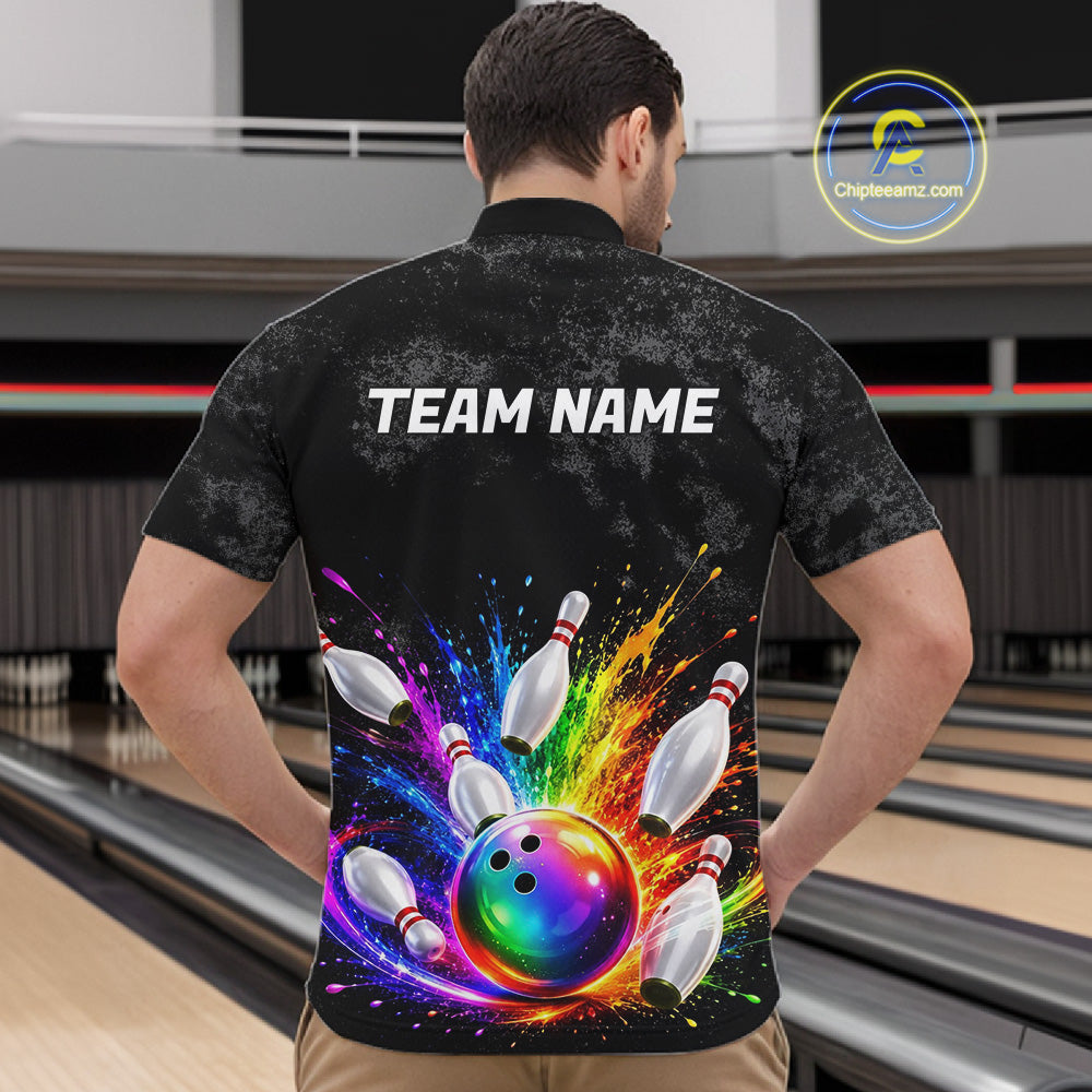 Rainbow Splatter Bowling Ball & Pins Shirt For Men Custom Colorful Paint Bowling Team Outfits NYN3283