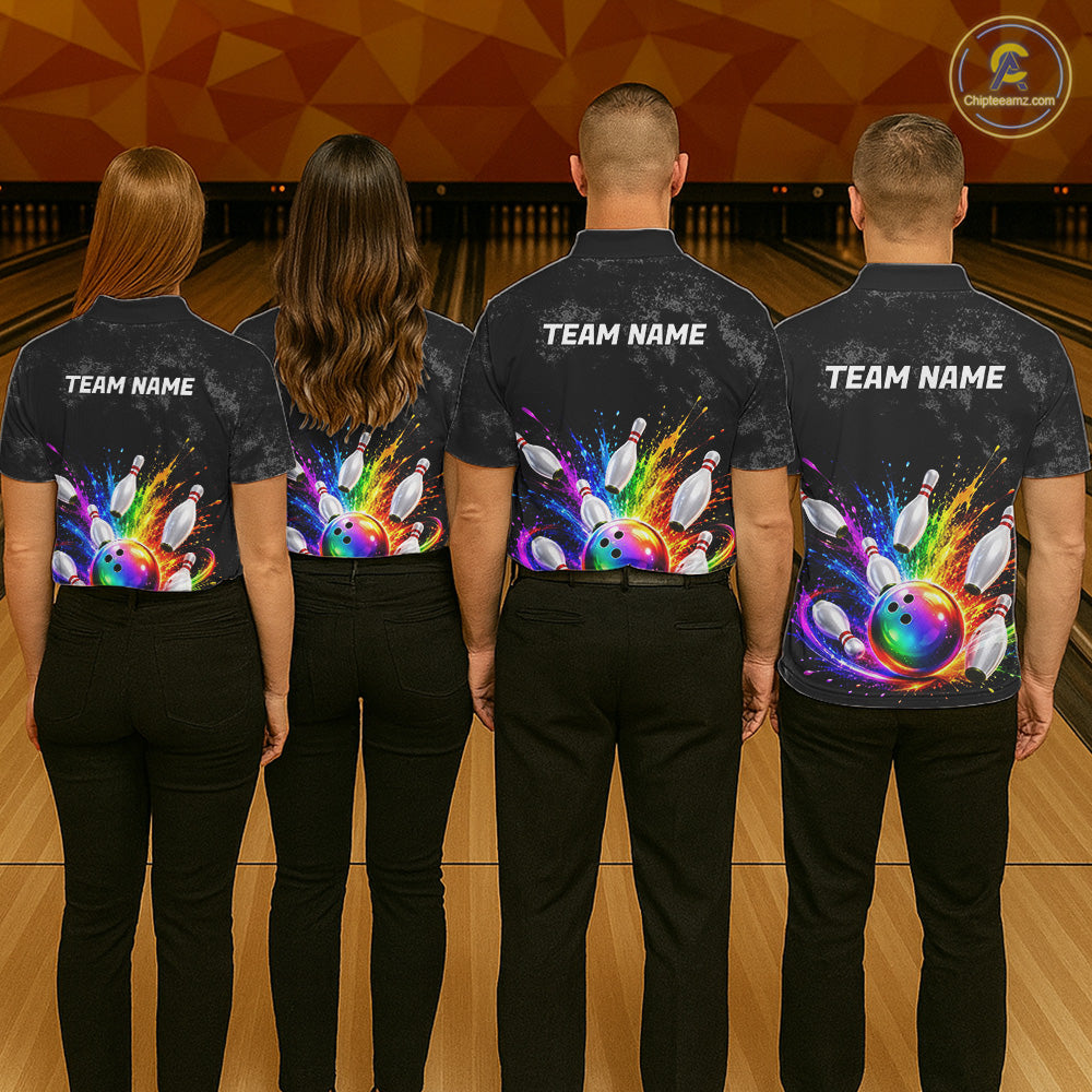 Rainbow Splatter Bowling Ball & Pins Shirt For Men Custom Colorful Paint Bowling Team Outfits NYN3283