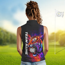 Load image into Gallery viewer, Female golfer wearing colorful tiger golf polo shirt, artistic splatter golf apparel, ladies golf outfit