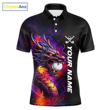 Load image into Gallery viewer, Colorful Dragon men's golf polo shirt, dragon golf apparel, splatter golf team shirt, men's golf clothing, custom golf attire