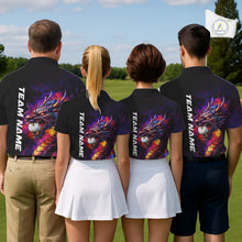 Load image into Gallery viewer, Men's golf team wearing matching colorful dragon golf polo shirts, golf league uniforms, custom golf apparel