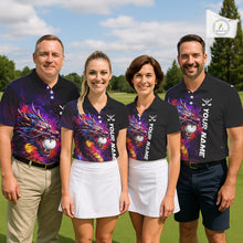 Load image into Gallery viewer, Men's golf team wearing matching colorful dragon golf polo shirts, golf league uniforms, custom golf apparel