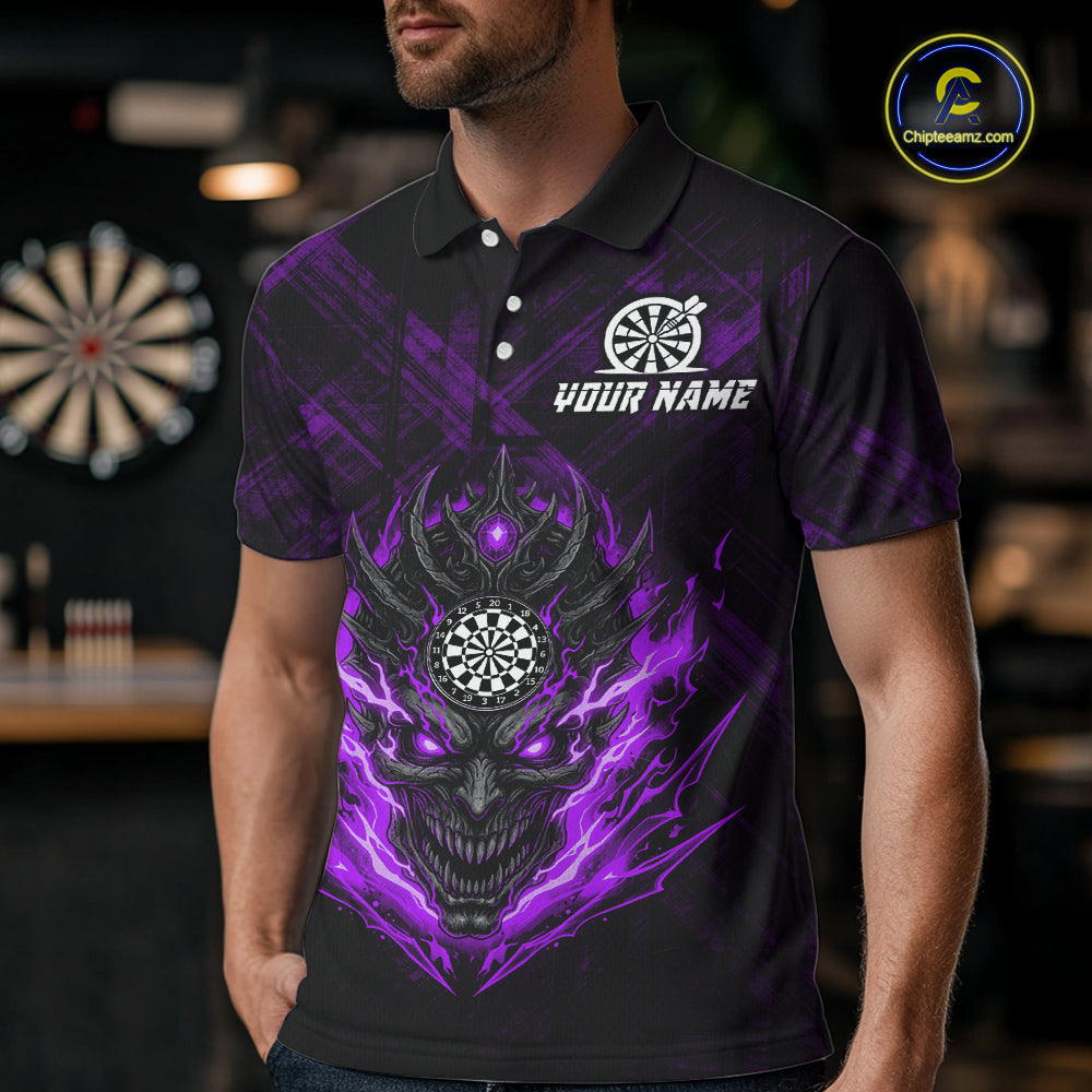 Purple Skull Lightning Thunder Grunge Dartboard Custom Men Polo Darts Shirt Dart Gifts NYN2015
