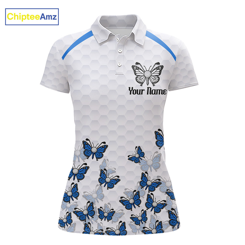 Blue Pattern Butterfly Womens Golf Polo Shirt Custom Name White Ball Golf Clothes Shirts NYN2909