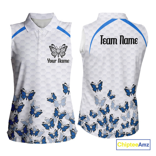 Blue Pattern Butterfly Womens Sleeveless Golf Polo Shirt Custom Name White Ball Golf Clothes Shirts NYN2909