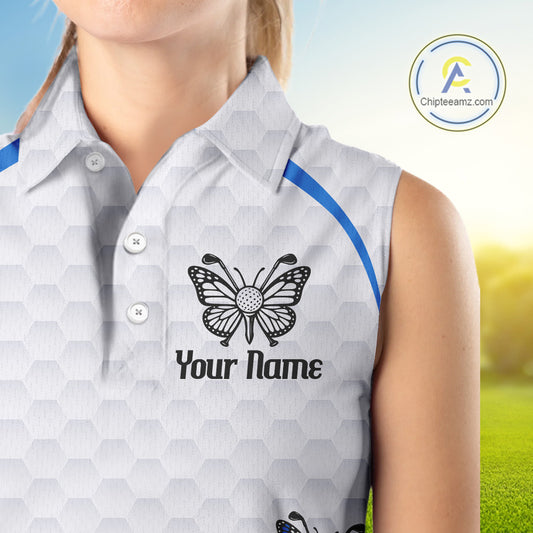 Blue Pattern Butterfly Womens Sleeveless Golf Polo Shirt Custom Name White Ball Golf Clothes Shirts NYN2909