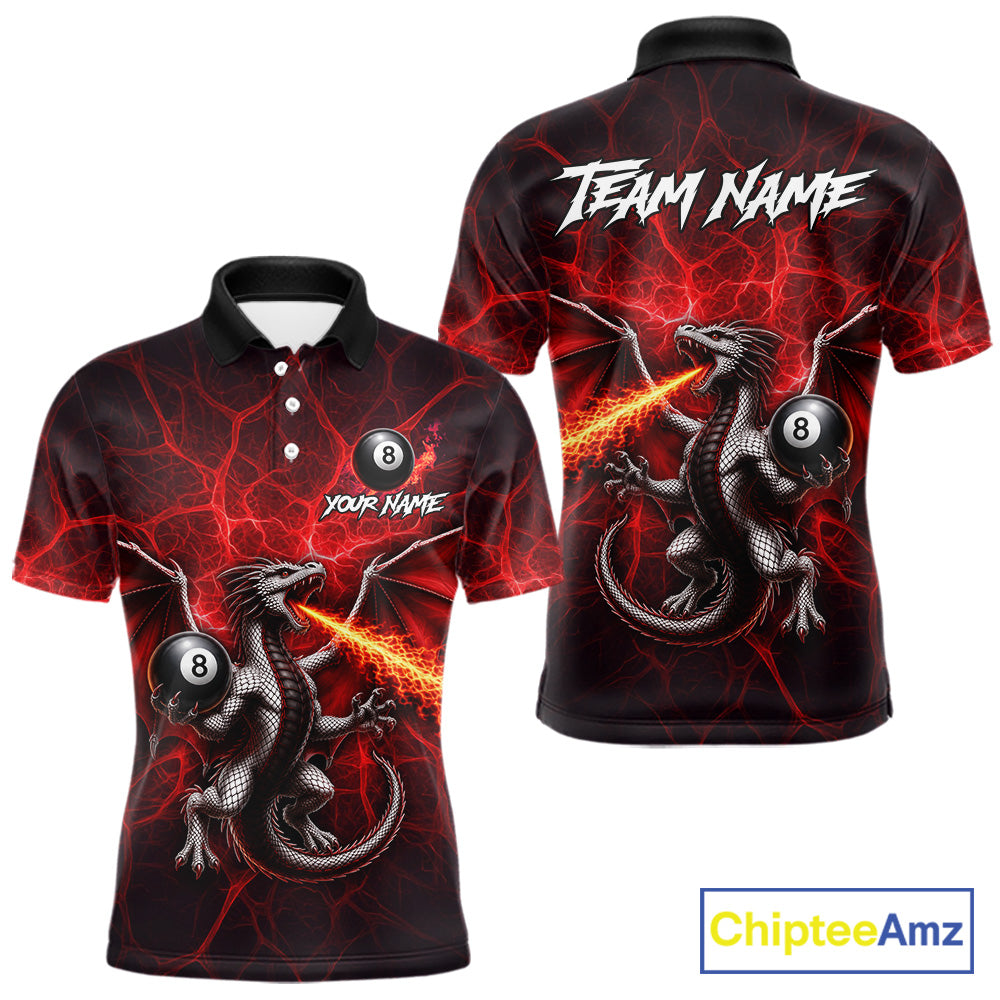 Red flaming dragon 8 ball billiard polo shirt for men custom tournament apparel