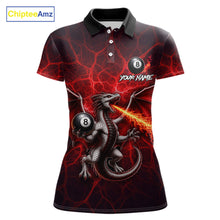 Load image into Gallery viewer, Red flaming dragon 8 ball billiard polo shirt for women custom tournament apparel