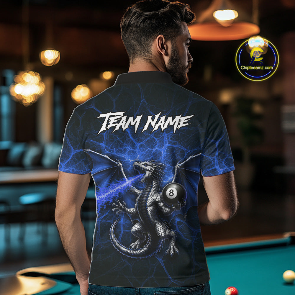Custom Blue Flaming Dragon 8 Ball Billiard Polo Shirts For Men, Dragon Billiard Tournament Team Shirt NYN3290