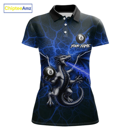 Blue flaming dragon billiard polo shirt with 8 ball design for women