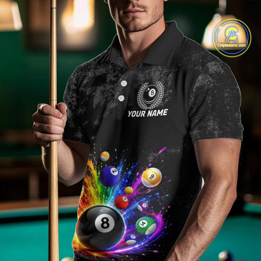 Personalized Rainbow Splatter 8 Ball Pool Polo Shirts For Men, Custom Grunge Billiard Team Apparel NYN3294