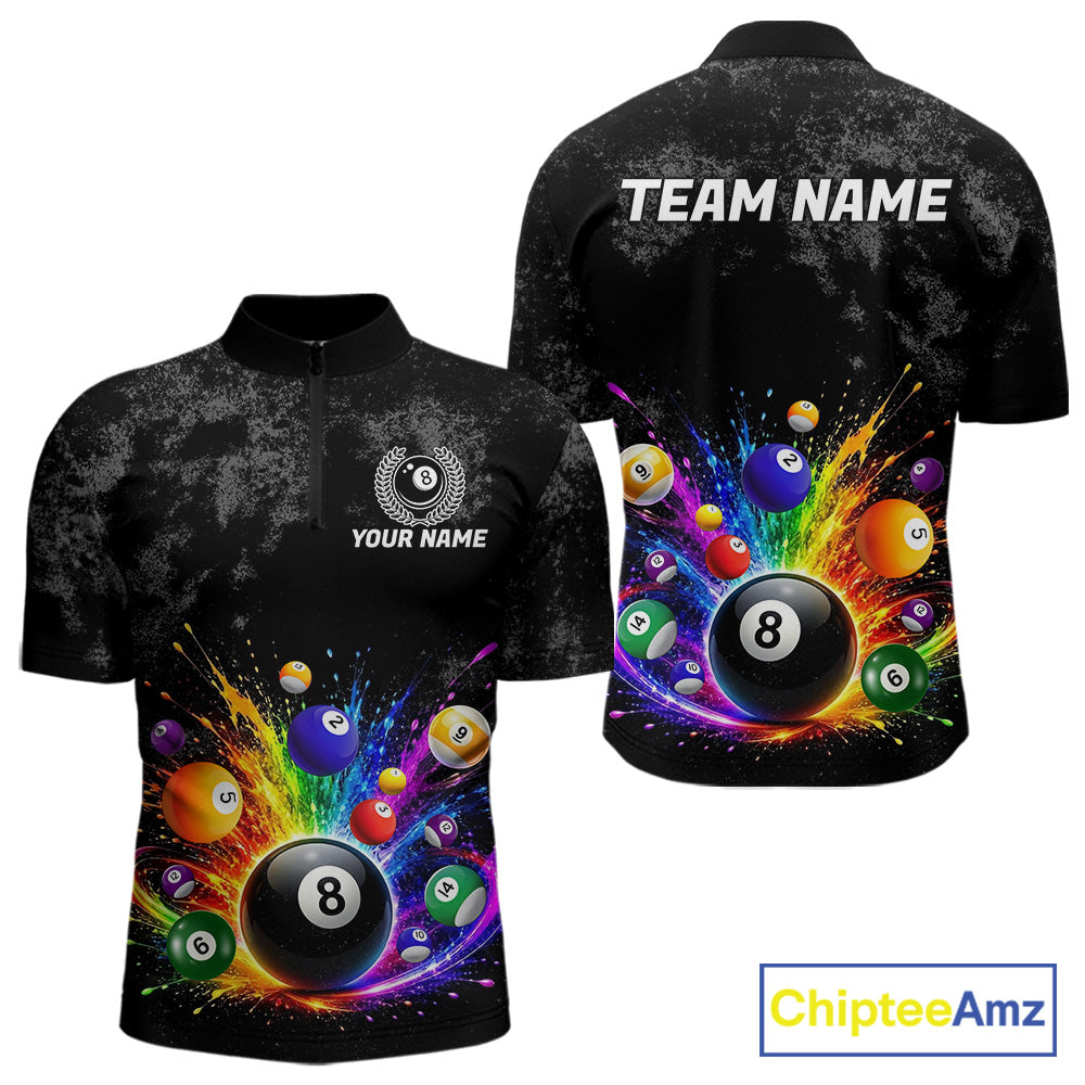 Rainbow splatter 8 ball pool 1/4-zip shirt for men grunge billiard apparel