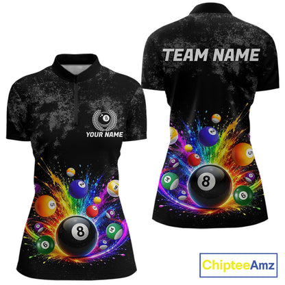 Rainbow splatter 8 ball pool 1/4-zip shirt for women grunge billiard apparel