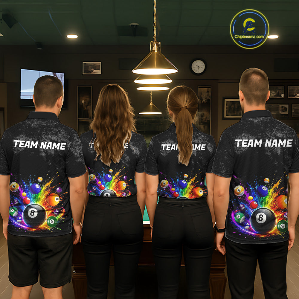 Personalized Rainbow Splatter 8 Ball Pool Polo Shirts For Men, Custom Grunge Billiard Team Apparel NYN3294