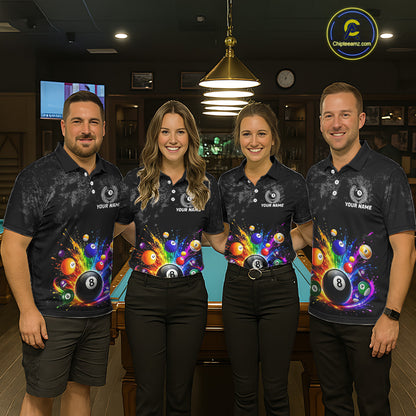 Personalized Rainbow Splatter 8 Ball Pool Polo Shirts For Men, Custom Grunge Billiard Team Apparel NYN3294