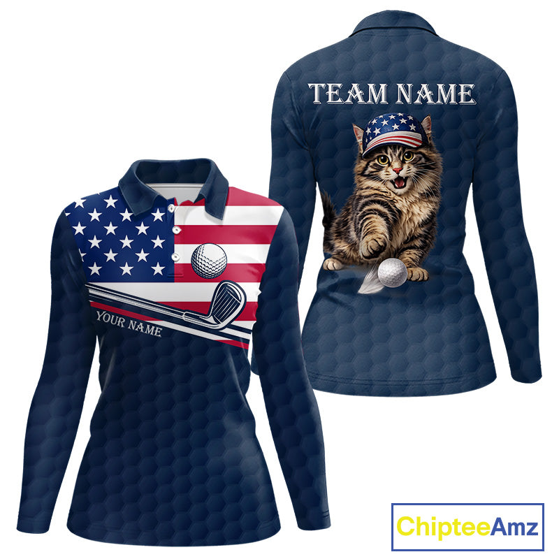 Women's funny cat golf long sleeves polo shirt, American flag golf apparel, custom name golf shirt, patriotic golf clothing, golf team uniform