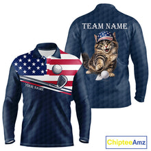 Load image into Gallery viewer, Men's funny cat golf long sleeves polo shirt, American flag golf apparel, custom name golf shirt, patriotic golf clothing, golf team uniform
