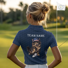 Load image into Gallery viewer, Female golfer wearing funny cat American flag golf polo shirt, personalized golf apparel, patriotic golf outfit