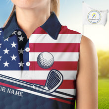 Load image into Gallery viewer, Female golfer wearing funny cat American flag golf polo shirt, personalized golf apparel, patriotic golf outfit