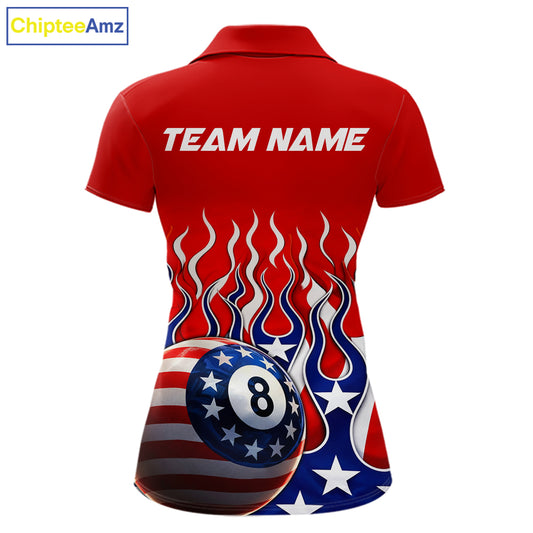 Custom Fire Flame US Flag Pool 8 Ball Women's Billiard Shirt Patriotic Billiard Team Attire NYN2545