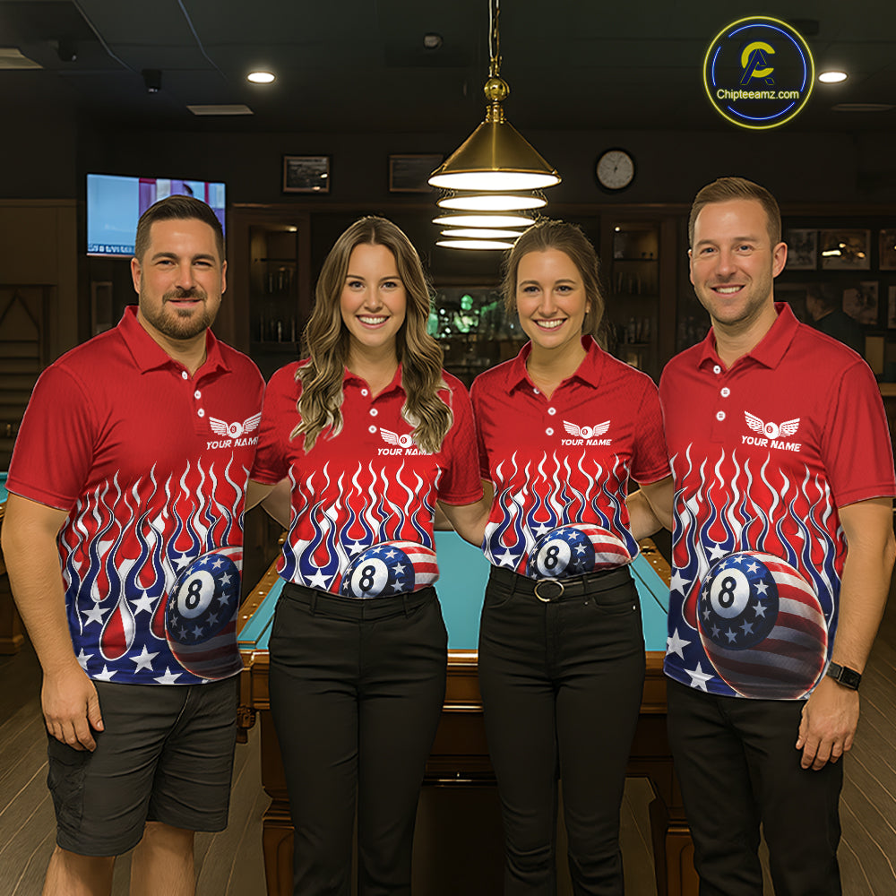 Custom Fire Flame US Flag Pool 8 Ball Men's Billiard Shirt Patriotic Billiard Team Attire NYN2545