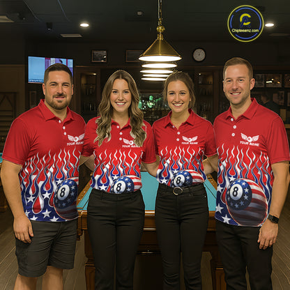 Custom Fire Flame US Flag Pool 8 Ball Men's Billiard Shirt Patriotic Billiard Team Attire NYN2545
