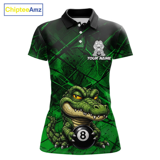 Funny crocodile 8 ball billiard polo shirt for women green grunge pool jersey