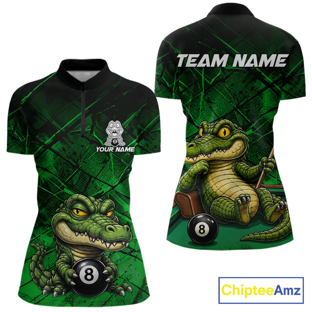 Funny crocodile 8 ball billiard 1/4-zip shirt for men green grunge pool jersey