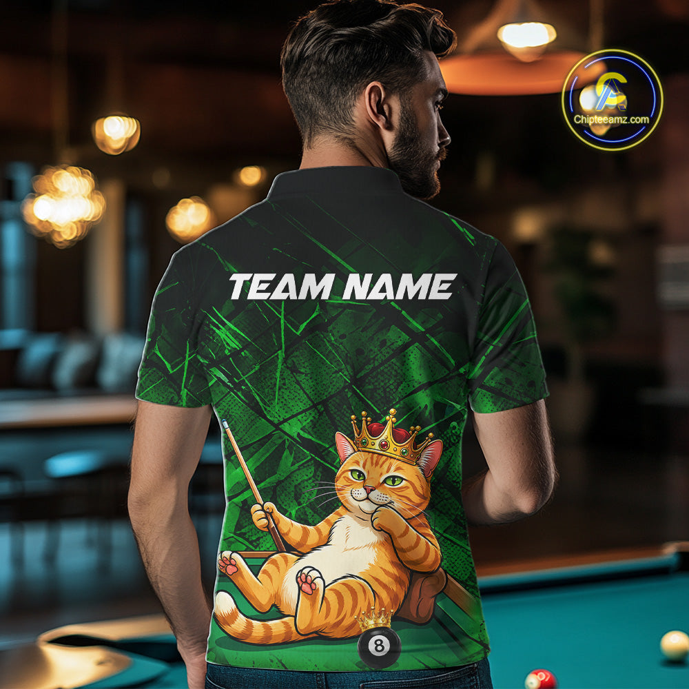 Funny Cat Crown 8 Ball Pool Billiard Shirts For Men Custom Green Grunge Billiard Polo & 1/4-Zip Jersey NYN3314