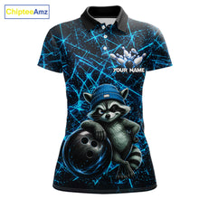 Load image into Gallery viewer, Funny cool raccoon bowling ball women's bowling polo shirt, neon blue lightning bowling jersey, custom bowling team shirt, personalized bowling apparel, bowling league uniform