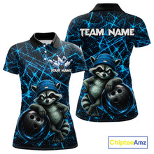 Load image into Gallery viewer, Funny cool raccoon bowling ball women's bowling polo shirt, neon blue lightning bowling jersey, custom bowling team shirt, personalized bowling apparel, bowling league uniform