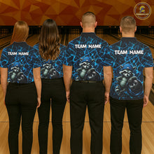 Load image into Gallery viewer, Men women bowling team wearing matching neon blue raccoon bowling jerseys, custom bowling uniforms, bowling league apparel