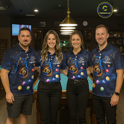 Funny Cat Galaxy Custom 8 Ball Billiard Polo & 1/4-Zip Shirt For Men Blue Billiard Team Jersey NYN3132
