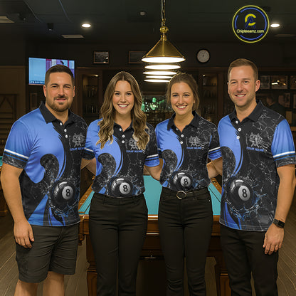 Blue Watering 8 Ball Pool Billiard Shirts For Women Custom Broken Glass Billiard Team Jersey NYN3136