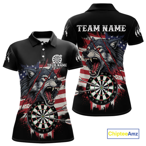 Wolf US Flag Grunge Darts Polo Shirt For Women Custom Name & Team Patriotic Dart League Shirt NYN2052
