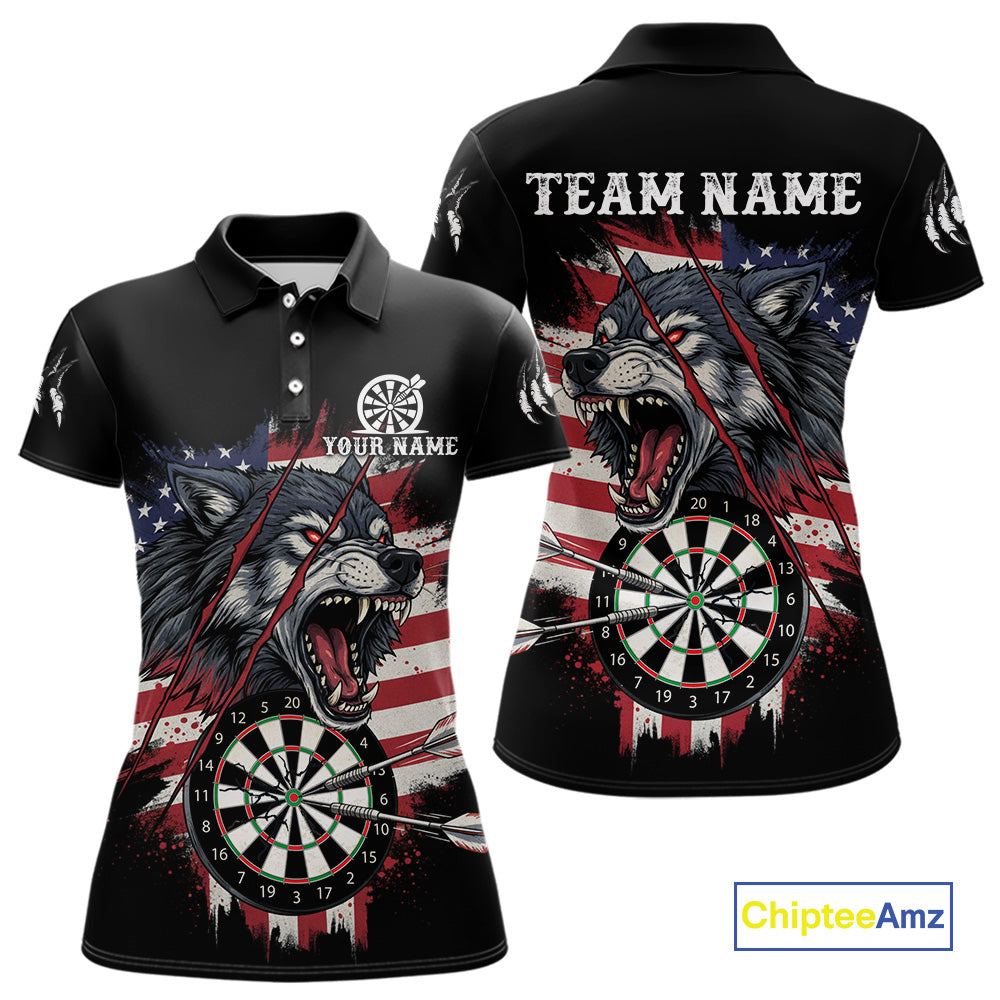 Wolf US Flag Grunge Darts Polo Shirt For Women Custom Name & Team Patriotic Dart League Shirt NYN2052