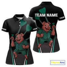 Load image into Gallery viewer, Darts Master Pig In Green Funny Darts Shirt For Women - Custom Team &amp; Player Name NYN0363