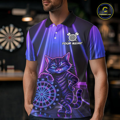 Male model wearing Neon Funny Cat dart polo shirt during dart tournament, personalized team jersey, athletic lifestyle
