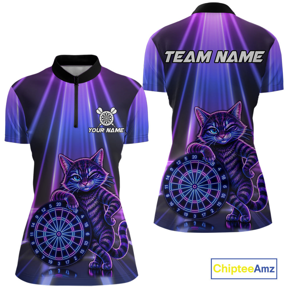 Neon Purple Blue Funny Cat Women's Dart Quarter-Zip Shirt, Personalized Dartboard Team Jersey, Moisture-Wicking Tournament Apparel